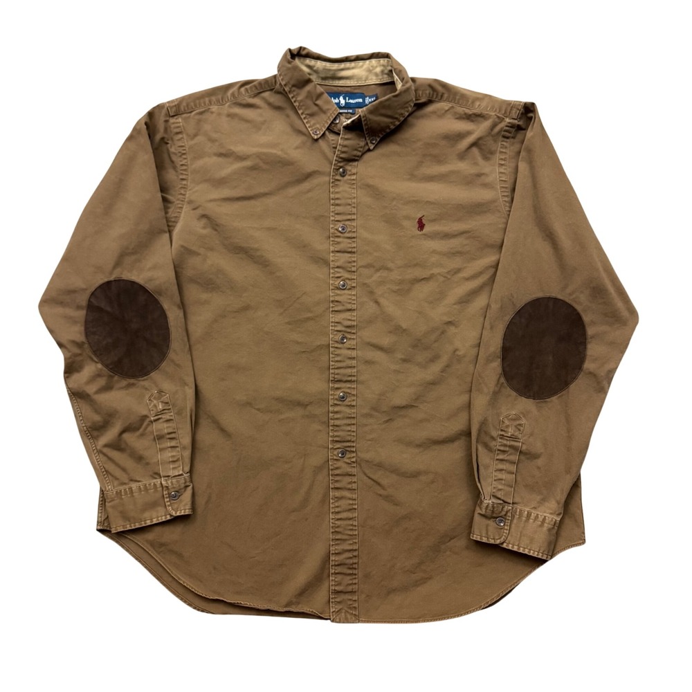 Vintage Ralph Lauren Classic Fit Brown Cotton Elbow Patch Button Shirt 2XL